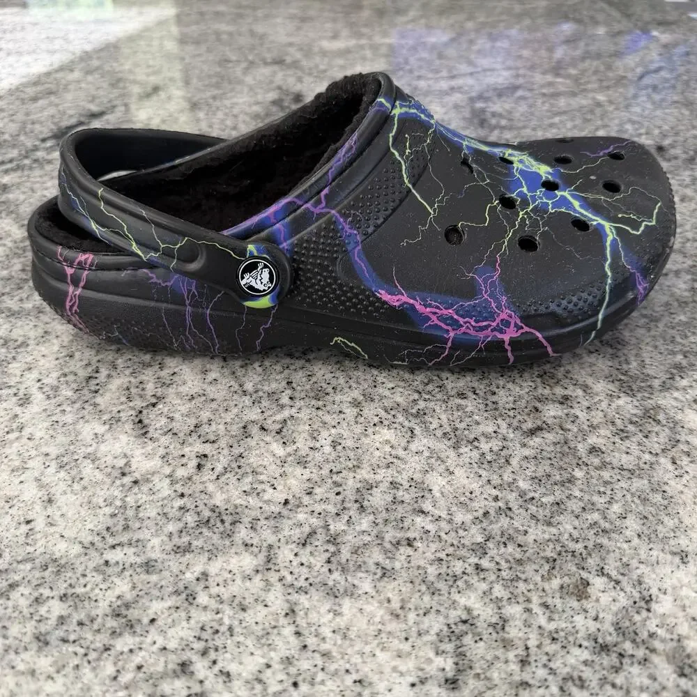 CROCS Classic Lined Clogs Black w Multicolor Lightning Bolts- Men's 8/Women's 10